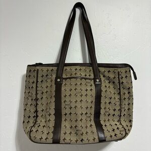 Ecco Women's Laptop Bag Tote Shoulder Bag Canvas Brown Tan Zip Closure